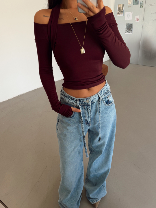 Geniş Yaka Boyun Detaylı Bluz - Bordo