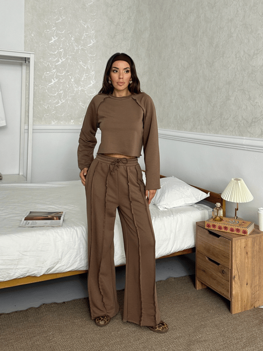 Uzun Kol Ters Dikiş Takım - Kahve