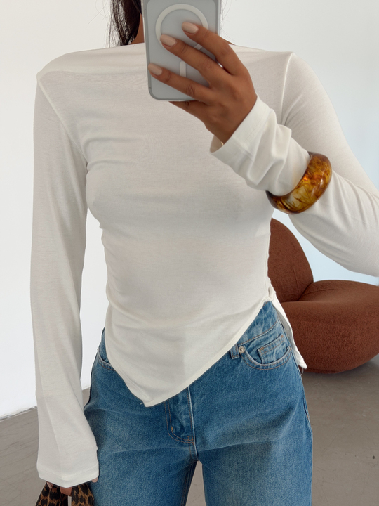 Asimetrik Yan Drape Bluz - Beyaz