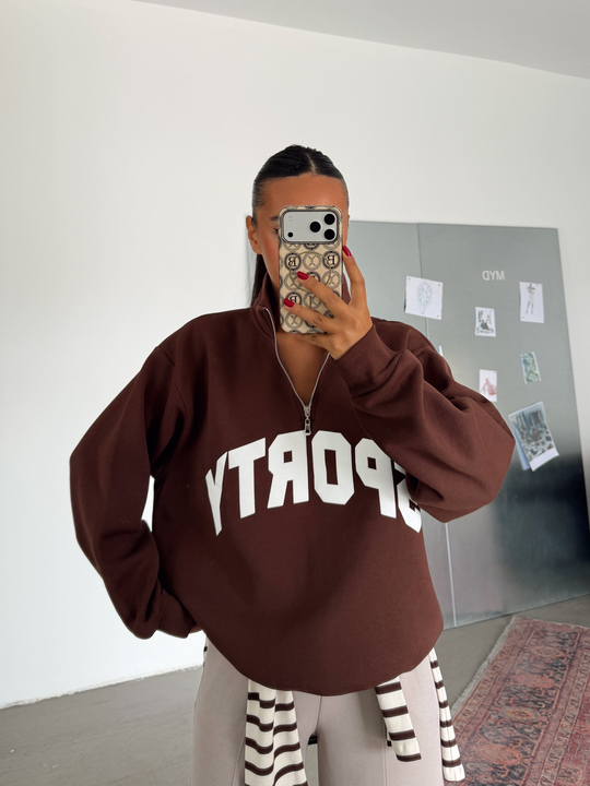 Sporty Yarım Fermuar Sweat - Kahve