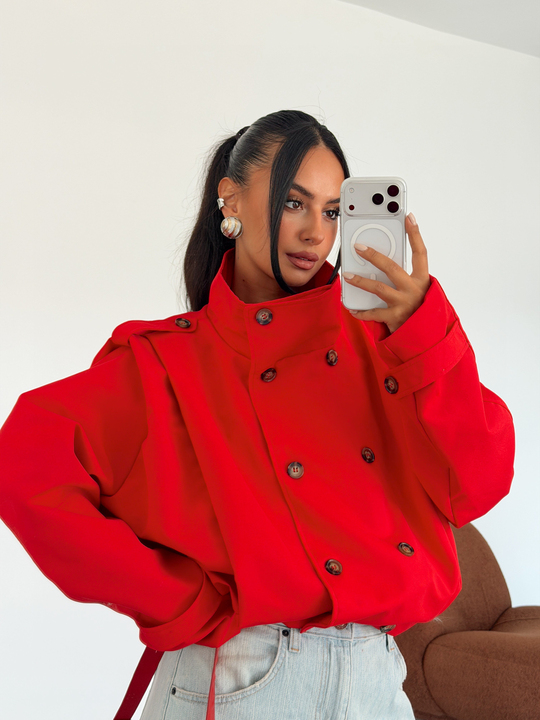 Vatka Detay Oversize Crop Trençkot - Kırmızı