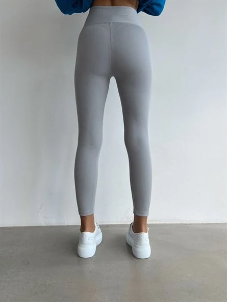 Yüksek Bel Kuşgözü Detay Fitilli Tayt Gri - Gri