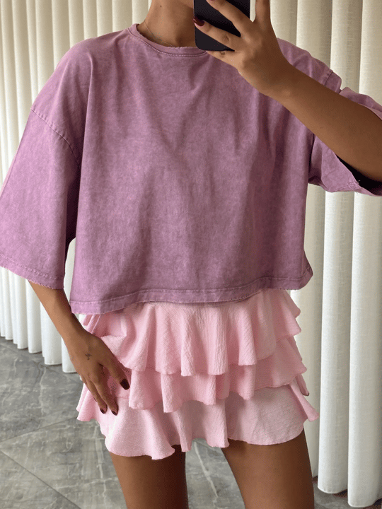 Yıkamalı Düz Crop Basic - Lila