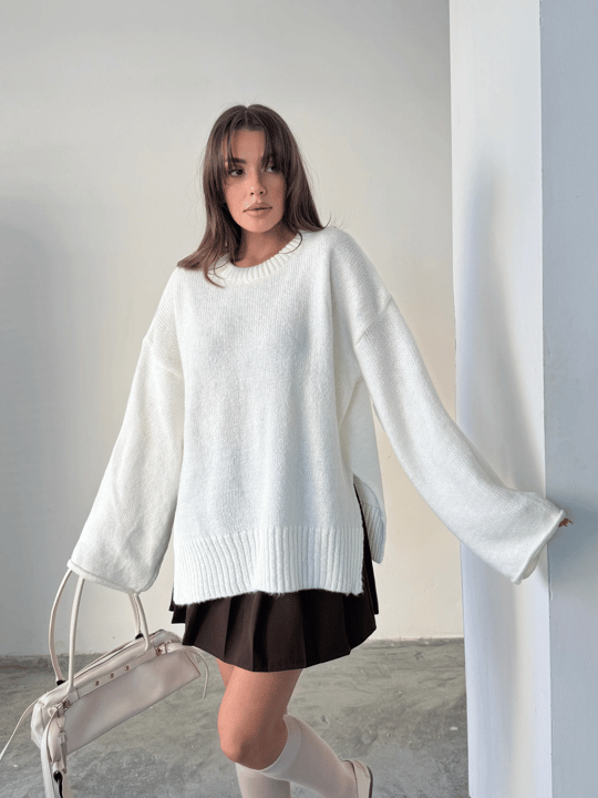 Yırtmaçlı Basic Triko  - Ekru