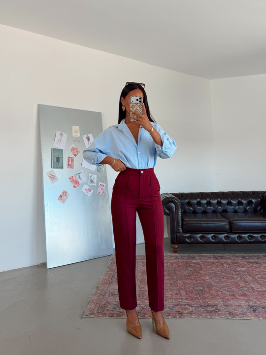 Beli Lastikli Çımalı Pantolon  - Bordo