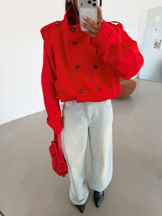Vatka Detay Oversize Crop Trençkot - Kırmızı