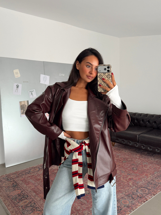 Kemerli Oversize Deri Ceket  - Bordo