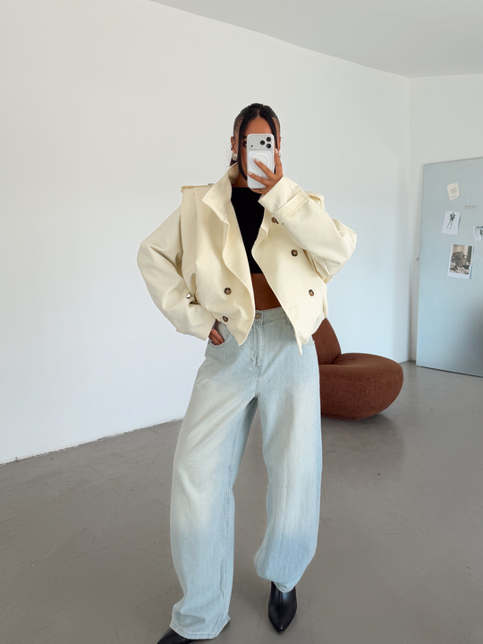 Vatka Detay Oversize Crop Trençkot - Ekru