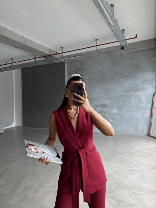 Bağlamalı Blazer Yelek  - Bordo