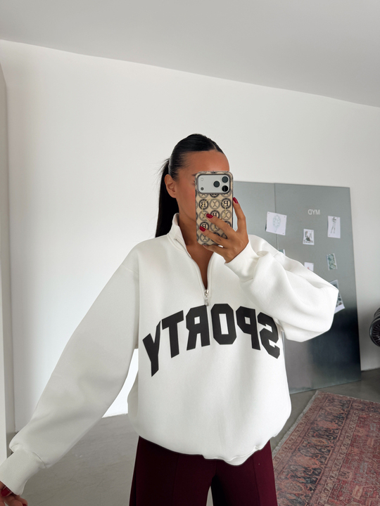 Sporty Yarım Fermuar Sweat - Ekru