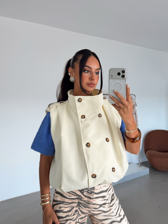 Apolet Detaylı Oversize Yelek - Ekru