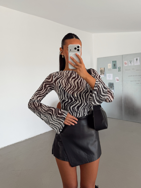 Zebra Desenli Tül Bluz - Siyah