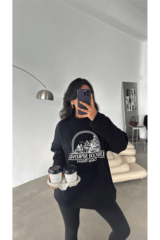 Unicoi Springs Üç İplik Oversize Sweat Siyah - Siyah