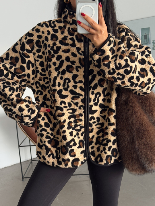 Fermuarlı Peluş Ceket - Leopar