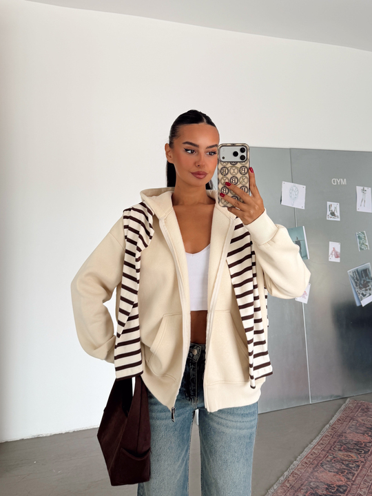 Fermuarlı Cepli Sweat - Taş