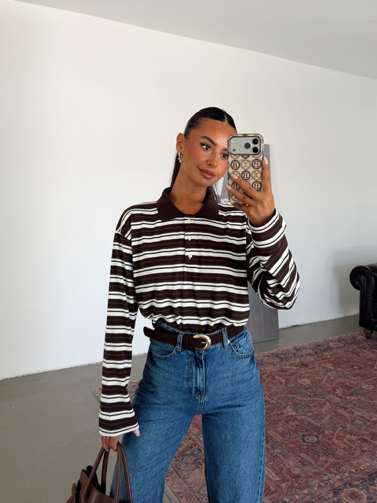 Polo Yaka Çizgili Sweatshirt - Kahve