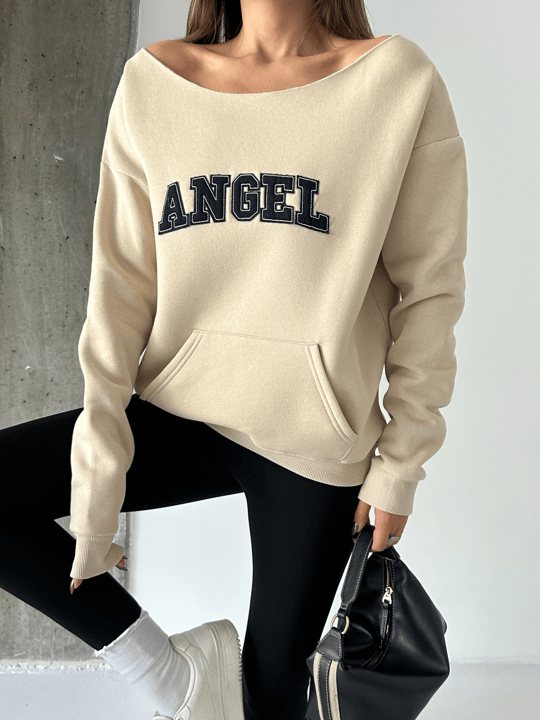 Angel Nakışlı Kayık Yaka Sweat - Vizon