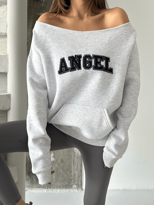 Angel Nakışlı Kayık Yaka Sweat - Gri