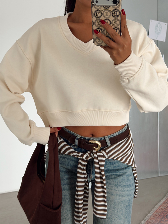 V Yaka Ribanalı Sweatshirt - Taş