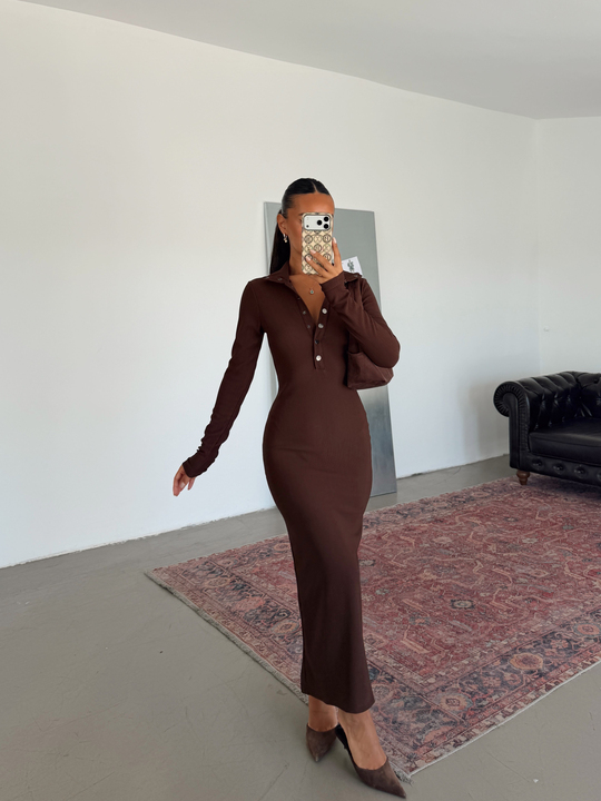 Yarım Çıtçıtlı Fitilli Elbise - Kahve