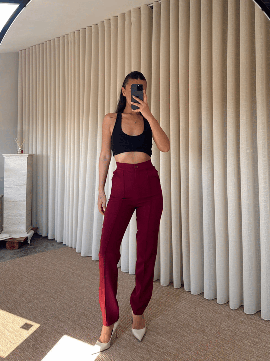 Beli Lastikli Çımalı Pantolon  - Bordo
