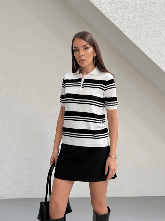 Polo Yaka Çizgili Kısa Kol Triko - Siyah-Beyaz