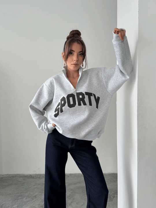 Sporty Yarım Fermuar Sweat - Gri