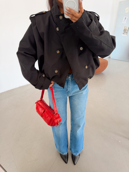 Vatka Detay Oversize Crop Trençkot - Siyah