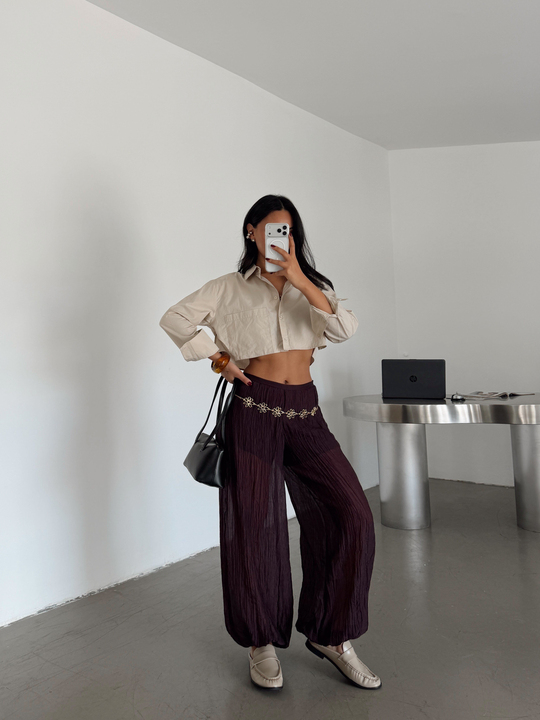 Transparan Müslin Kumaş Balon Pantolon - Mürdüm