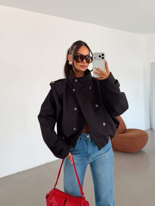 Vatka Detay Oversize Crop Trençkot - Siyah
