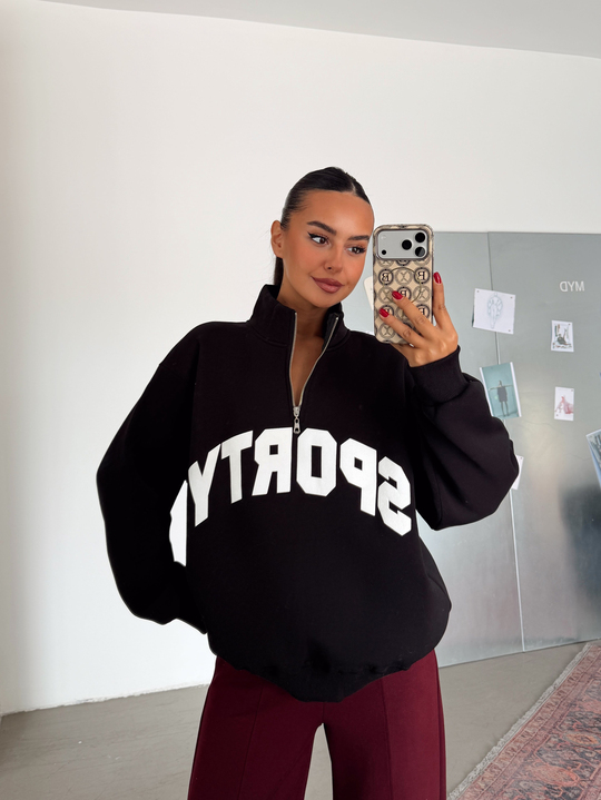 Sporty Yarım Fermuar Sweat - Siyah