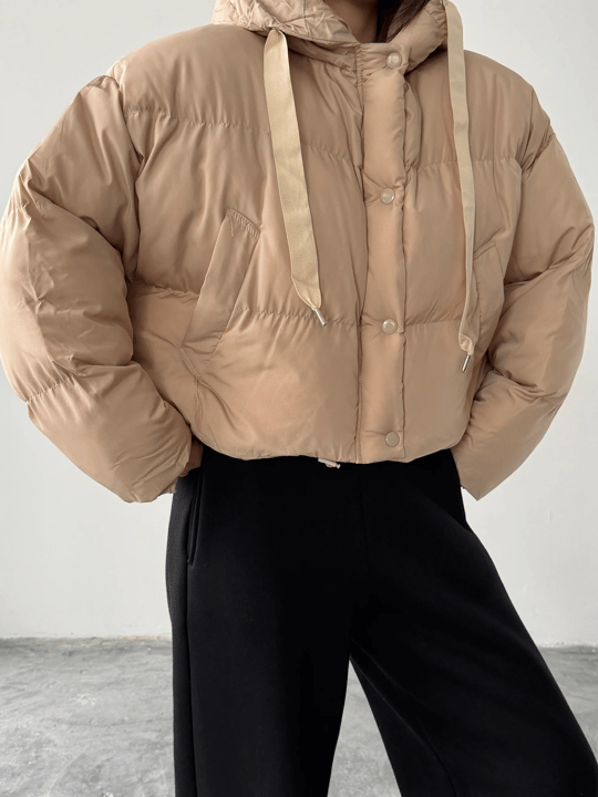 Oversize Kapüşonlu Şişme Mont - Taş