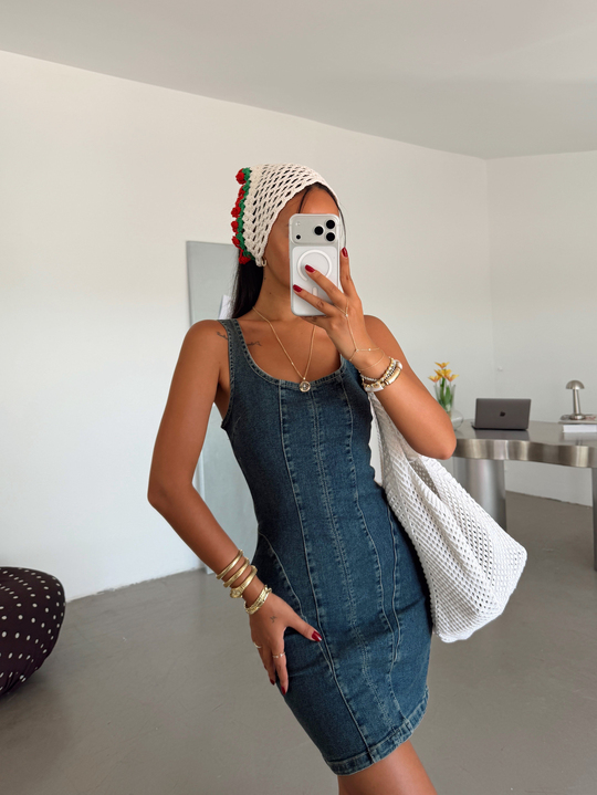 Likralı Parçalı Denim Elbise - Lacivert