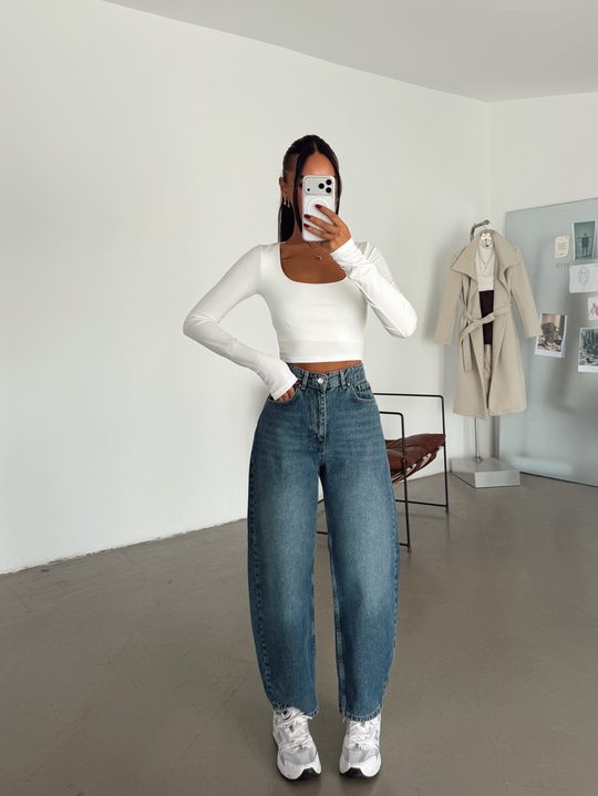 Barrel Fit Mom Jean - Mavi Yıkama