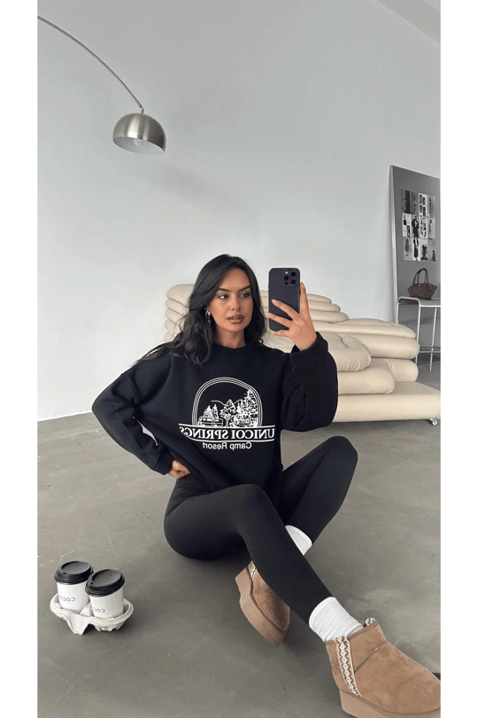 Unicoi Springs Üç İplik Oversize Sweat Siyah - Siyah