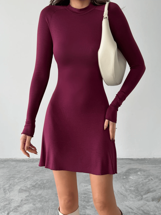 Dik Yaka Mini Elbise - Bordo