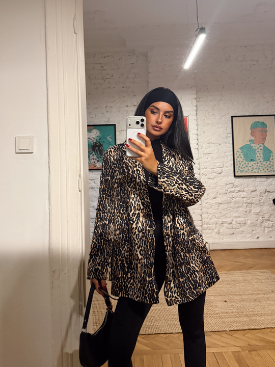 Leopar Desenli Saten Blazer Ceket - Bej