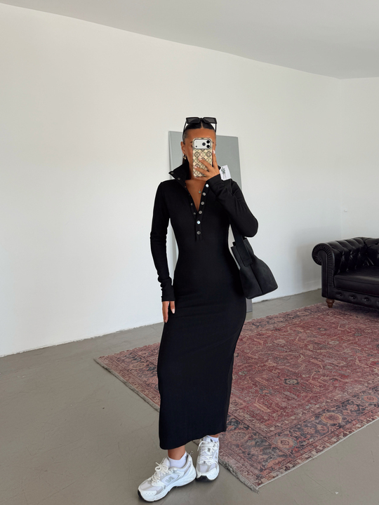 Yarım Çıtçıtlı Fitilli Elbise - Siyah