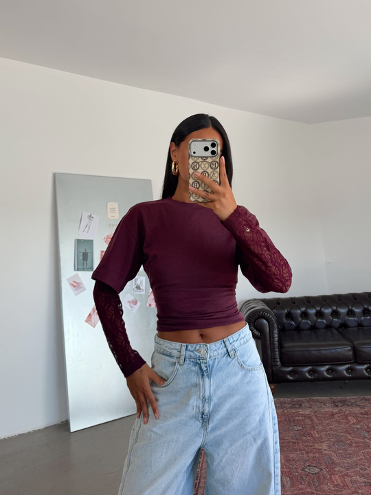 Oturtmalı Kolları Dantel Basic T-shirt - Mürdüm