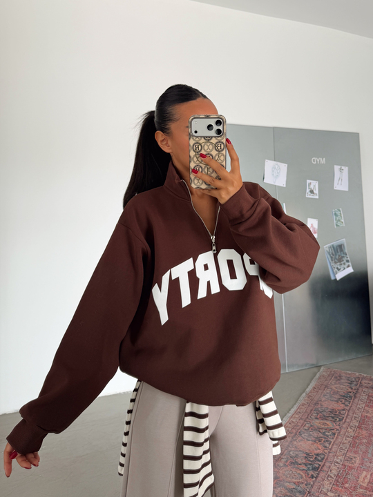 Sporty Yarım Fermuar Sweat - Kahve