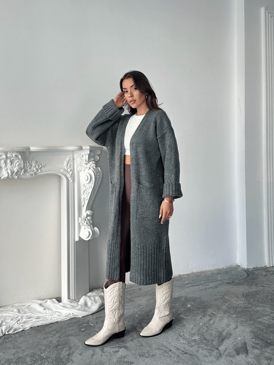 Oversize Uzun Hırka - Füme