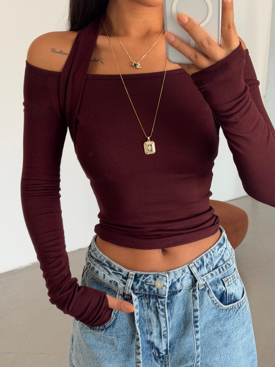 Geniş Yaka Boyun Detaylı Bluz - Bordo