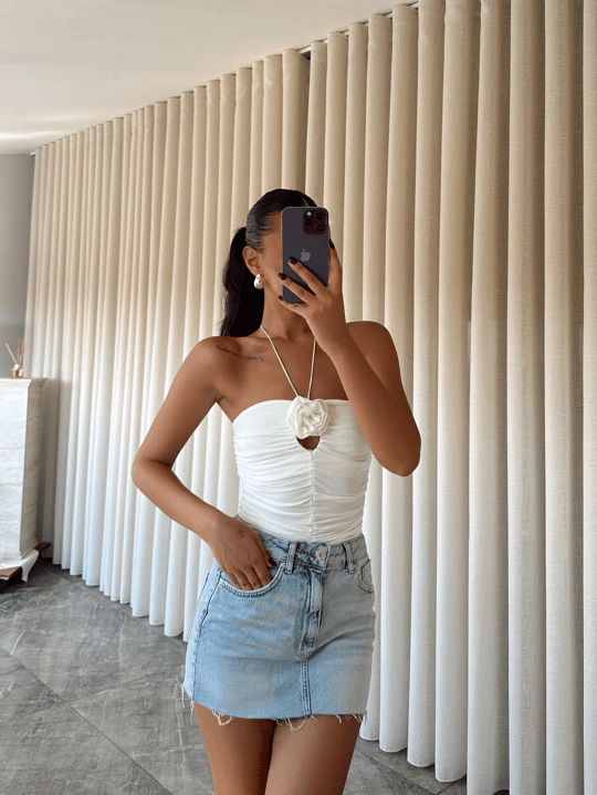 Milla Gül Detay Boyundan Bağlamalı Bodysuit Beyaz - Beyaz