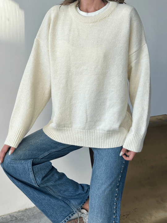 Yıkamalı Şardonlu Triko Kazak - Ekru