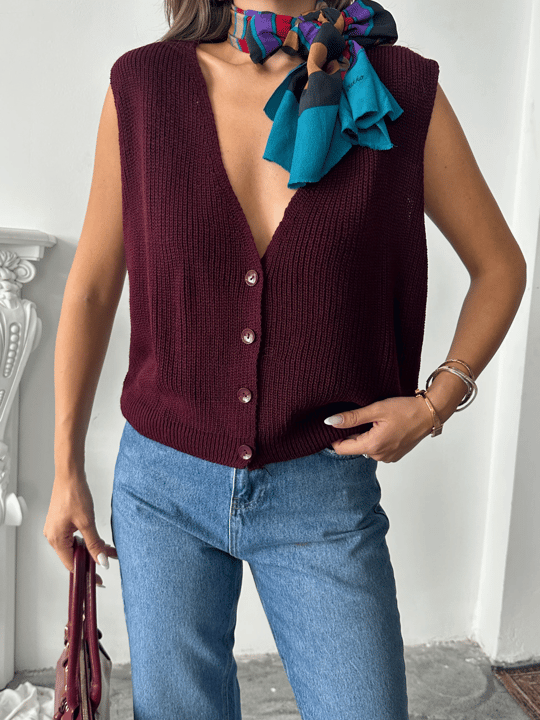 Dört Düğme Selanik Yelek - Bordo