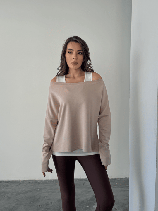 Düşük Omuz Atletli Bluz - Bej