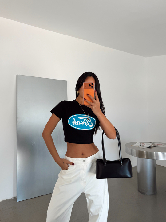 Freak Baskılı Crop Basic - Siyah
