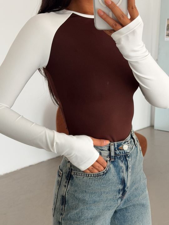 Bisiklet Yaka Kontrast Bodysuıt - Kahve