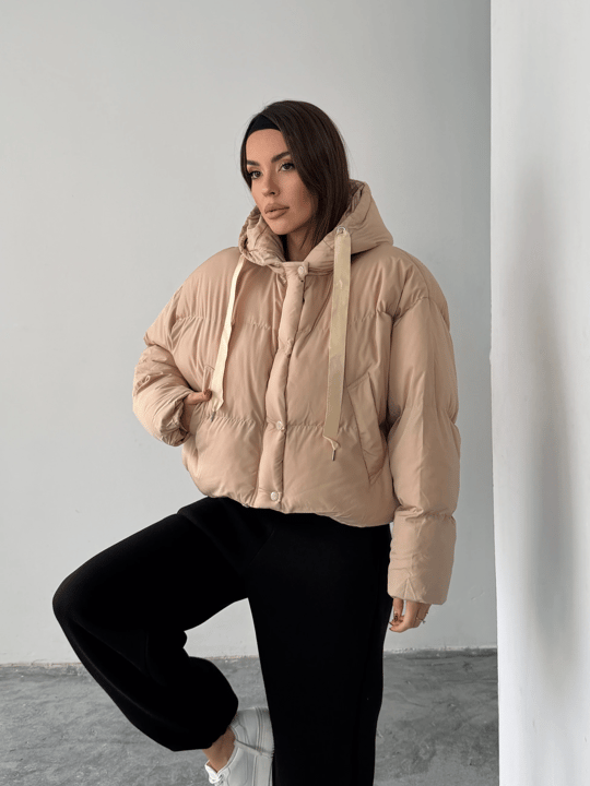 Oversize Kapüşonlu Şişme Mont - Taş