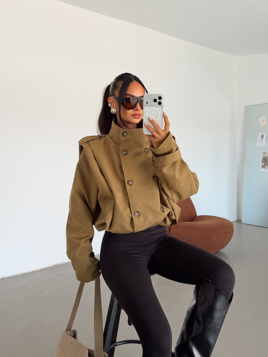 Vatka Detay Oversize Crop Trençkot - Haki